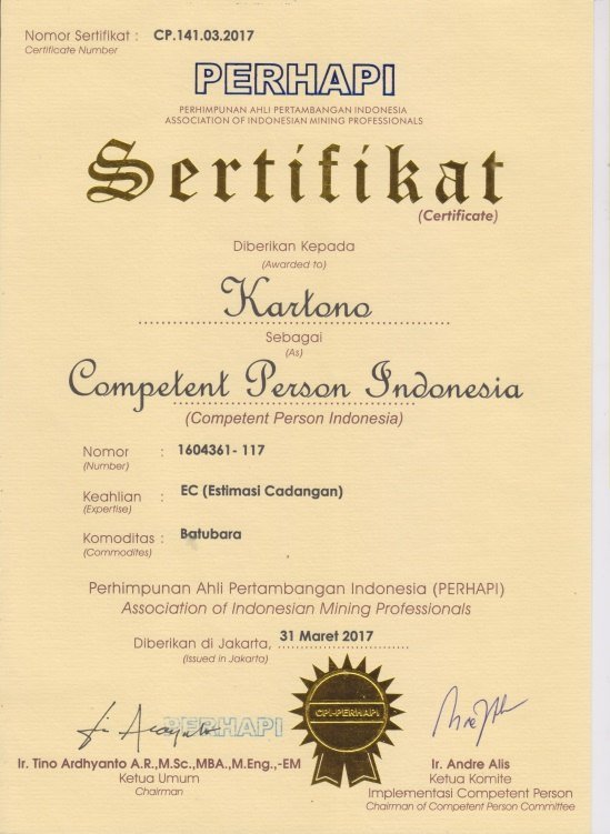 Sertifikat CPI PERHAPI atas nama Kartono