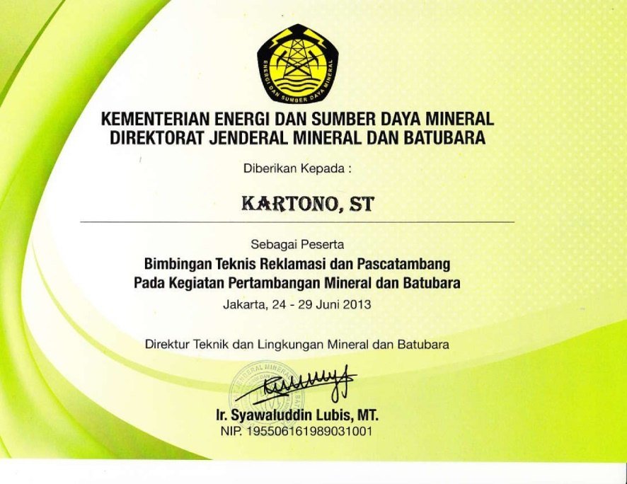 Sertifikat bimtek reklamasi atas nama Kartono