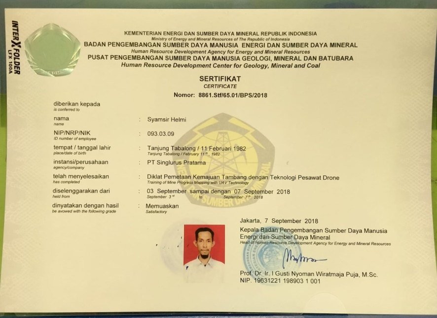 Sertifikat diklat pemetaan drone atas nama Syamsir Helmi