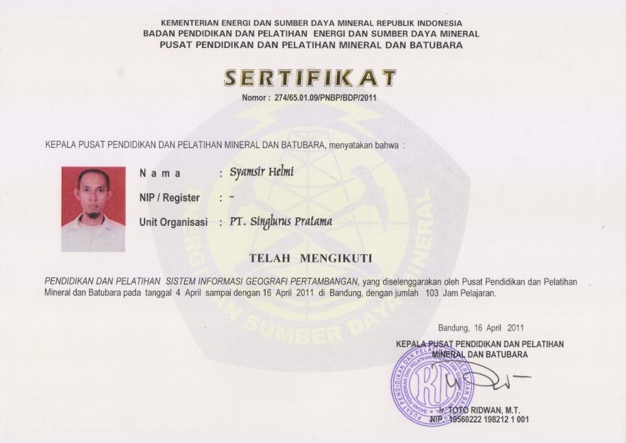 Sertifikat diklat SIG pertambangan atas nama Syamsir Helmi