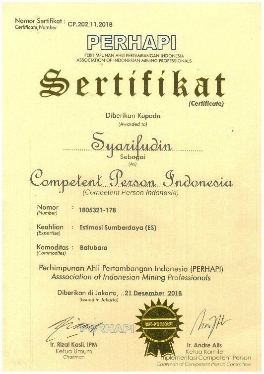 Sertifikat CPI PERHAPI atas nama Syarifudin