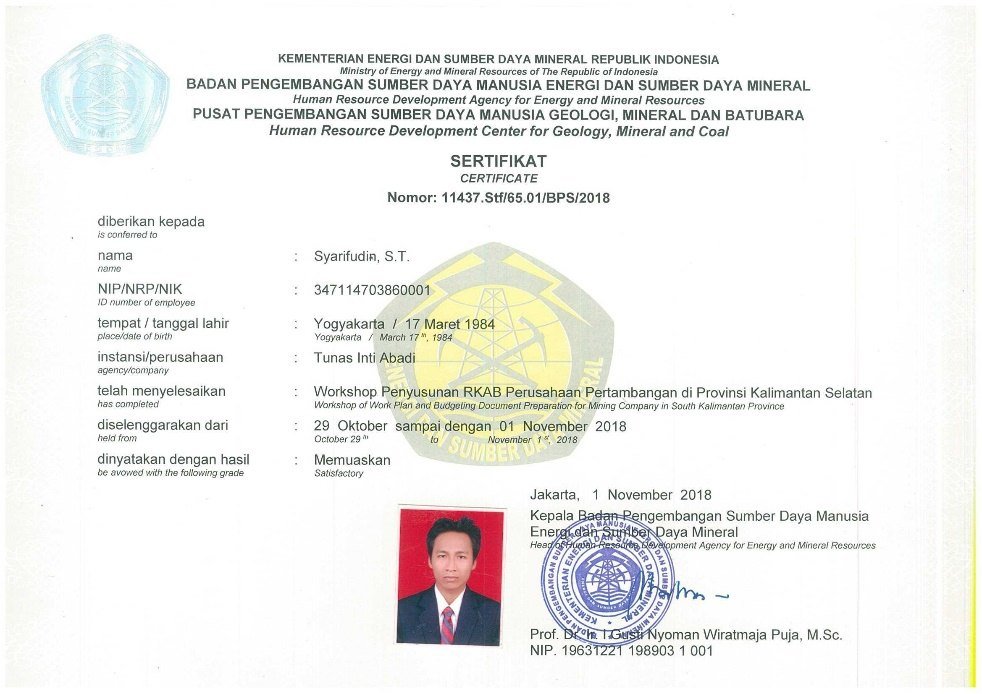 Sertifikat workshop RKAB atas nama Syarifudin