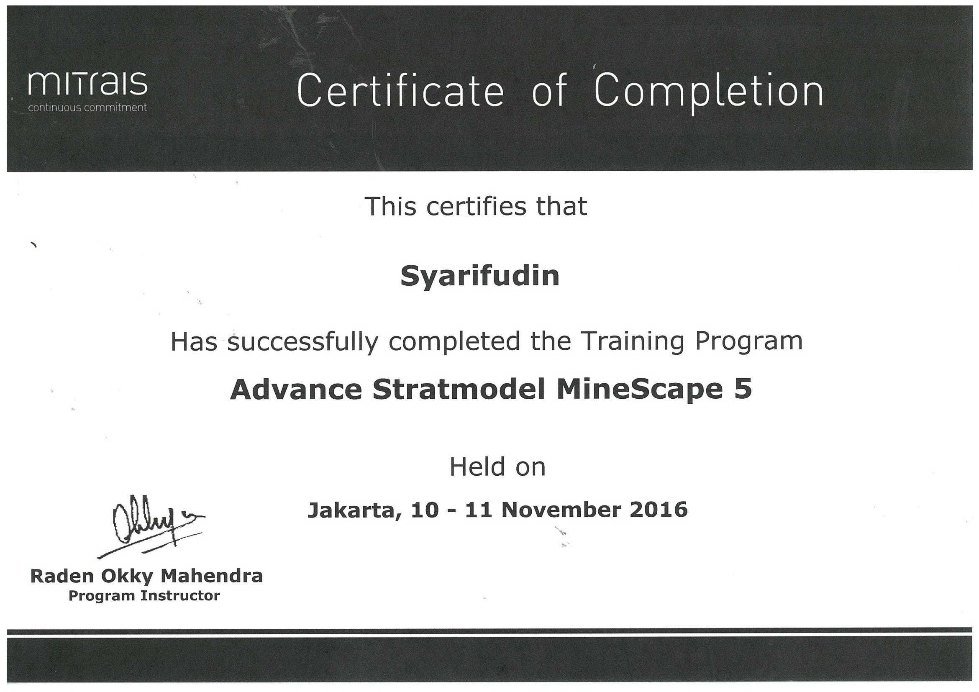 Sertifikat pelatihan MineScape atas nama Syarifudin