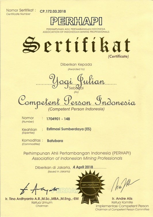 Sertifikat CPI PERHAPI atas nama Yogi Julian