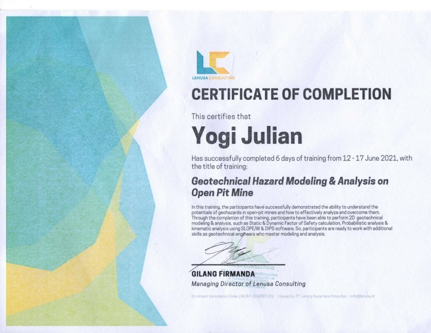 Sertifikat pelatihan geoteknik atas nama Yogi Julian